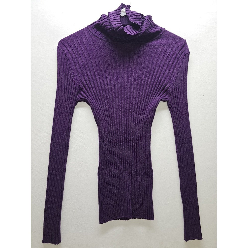 Vtg 90s ITS OUR TIME Purple Ribbed Long Sleeve Stretch Turtleneck Sweater Sz M
